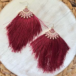 New Burgundy and Gold Fringe Tassel Gemstone Dangle Earrings | Southwestern Glam